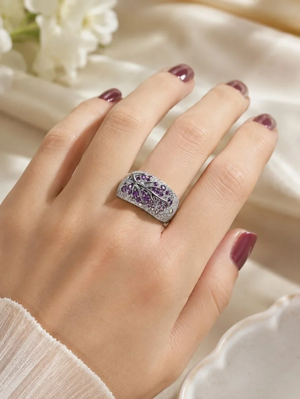 Sterling Silver Tree Branch Purple Clear CZ Statement Ring 925 SZ 5 NWT